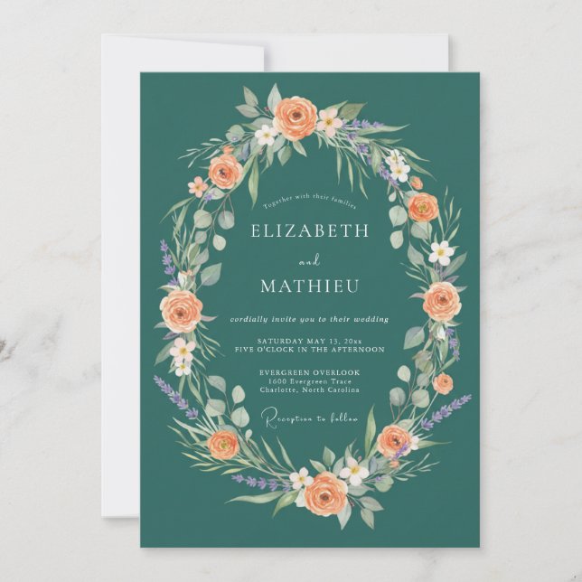 Teal Blossom Wreath Romance Wedding Invitation (Front)
