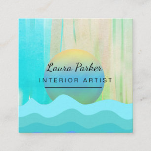 Teal Blue Abstract Modern Paint Watercolor Artist Square Business Card