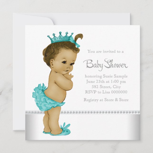 Teal Blue African American Baby Girl Shower Invitation (Front)