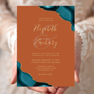 Teal Blue Agate Corners Burnt Orange Wedding Invitation