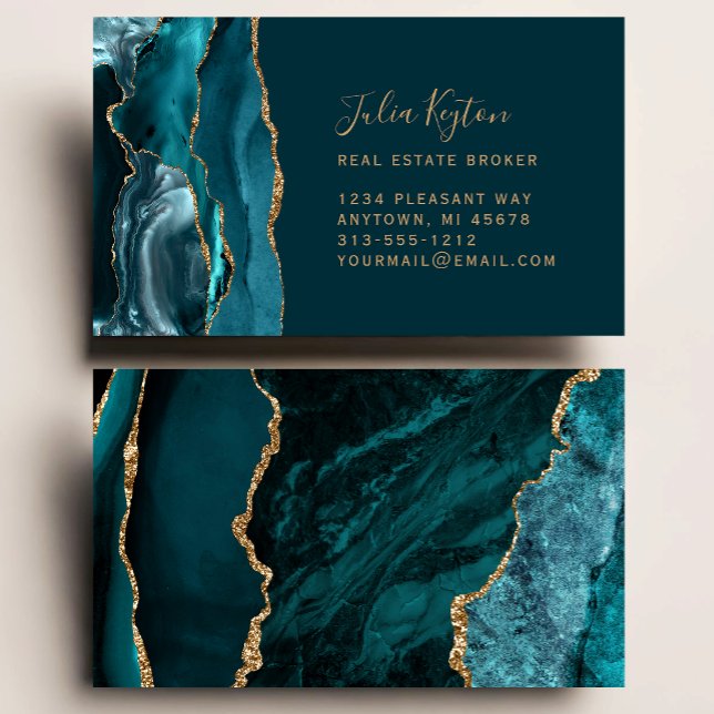 Teal Blue Agate Geode Gold Glitter Real Estate Business Card (Creator Uploaded)