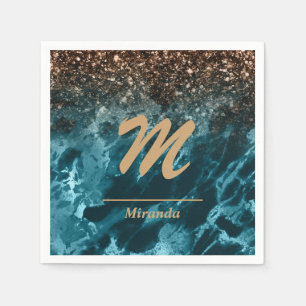 Teal Blue Agate glitter Monogram personalised Napkin