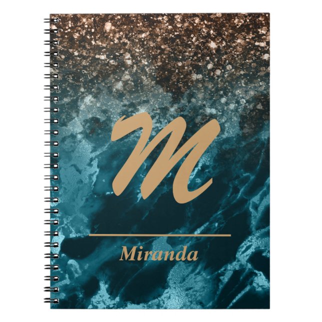 Teal Blue Agate glitter Monogram personalised Notebook (Front)