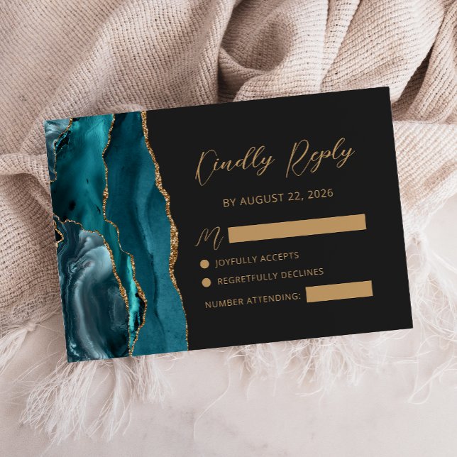 Teal Blue Agate Gold Calligraphy Script Wedding RSVP Card (Creator Uploaded)