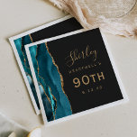 Teal Blue Agate Gold Script Dark 90th Birthday Napkin<br><div class="desc">These elegant modern 90th birthday party napkins feature a teal blue watercolor agate design trimmed with faux gold glitter. Easily customise the text in gold-coloured handwriting script and copperplate font on an off-black background.</div>