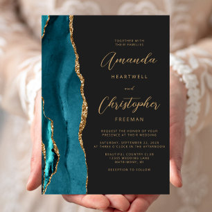 Teal Blue Agate Gold Script Slate Wedding Invitation