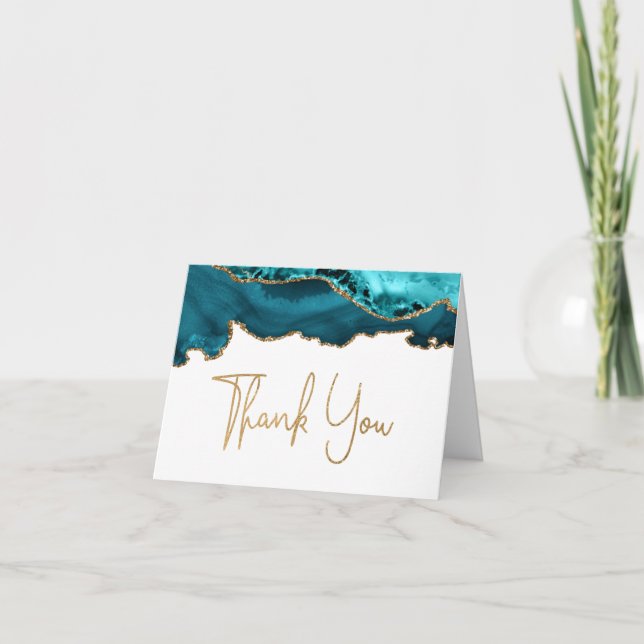 Teal Blue Agate Gold Script Thank You Card (Front)