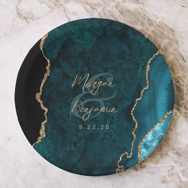 Teal Blue Agate Gold Script Wedding Paper Plate (Creator Uploaded)