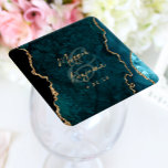 Teal Blue Agate Gold Script Wedding Square Paper Coaster<br><div class="desc">These elegant modern wedding coasters feature a teal blue watercolor agate geode background trimmed with faux gold glitter. Personalise them with the names of the couple in gold-coloured handwriting calligraphy over a large ampersand,  and the wedding date in copperplate font.</div>