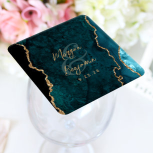 Teal Blue Agate Gold Script Wedding Square Paper Coaster