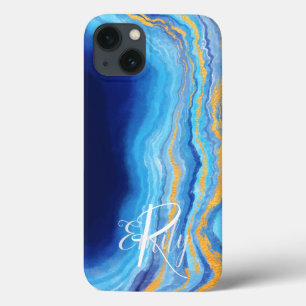 Teal & blue Agate Marble Abstract Name Monogram  iPhone 13 Case