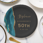 Teal Blue Agate Marble Gold Dark 50th Birthday Paper Plate<br><div class="desc">These elegant modern 50th birthday plates feature a teal blue watercolor design trimmed with faux gold glitter on an off-black background. Easily customise the gold-coloured text with the guest of honour's name and birthday.</div>