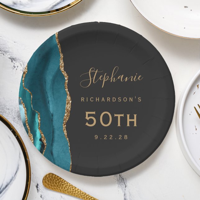 Teal Blue Agate Marble Gold Dark 50th Birthday Paper Plate (Creator Uploaded)
