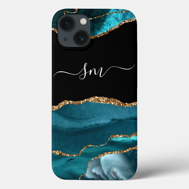Teal Blue Agate Monogram Script Stone Gold Black Case-Mate iPhone Case (Back)