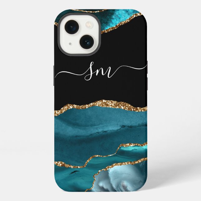 Teal Blue Agate Monogram Script Stone Gold Black iPhone Case (Back)