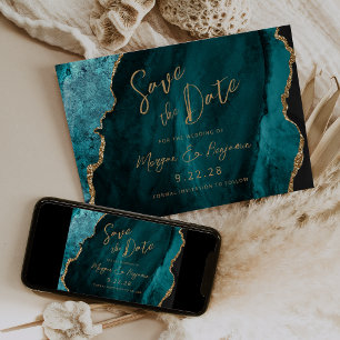 Teal Blue Agate Script Wedding Save the Date