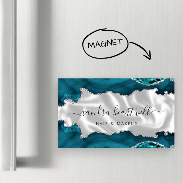 Teal Blue Agate Silver Glitter Luxury Magnetic Business Card (Creator Uploaded)