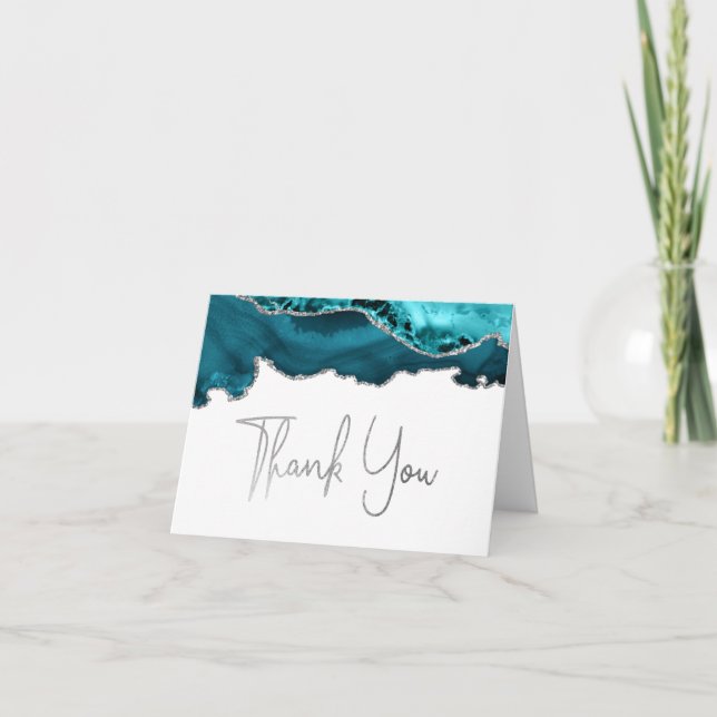 Teal Blue Agate Silver Script Thank You Card (Front)