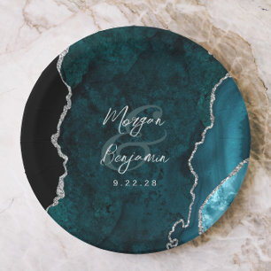 Teal Blue Agate Silver Script Wedding Paper Plate