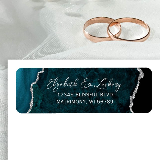 Teal Blue Agate Silver Wedding Return Address (Creator Uploaded)