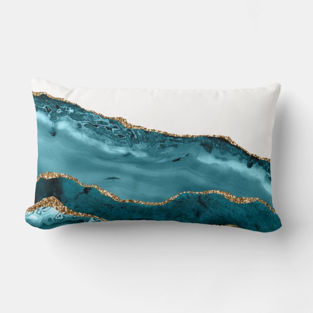 Teal Blue Agate Stone Gold Foil look Lumbar Pillow (Front)