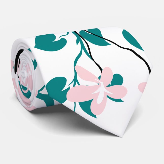 Teal blue and black branch, blush pink flowers tie (Rolled)
