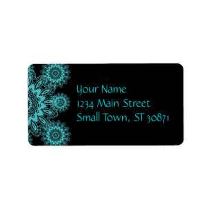 Teal Blue and Black Doily Lace Snowflake Mandala Label