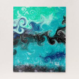 Teal, Blue and Black Fluid Art Marble Swirls   Jigsaw Puzzle