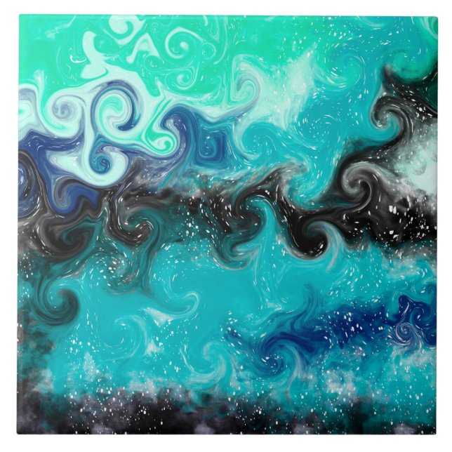 Teal, Blue and Black Fluid Art Marble Swirls     Tile (Front)