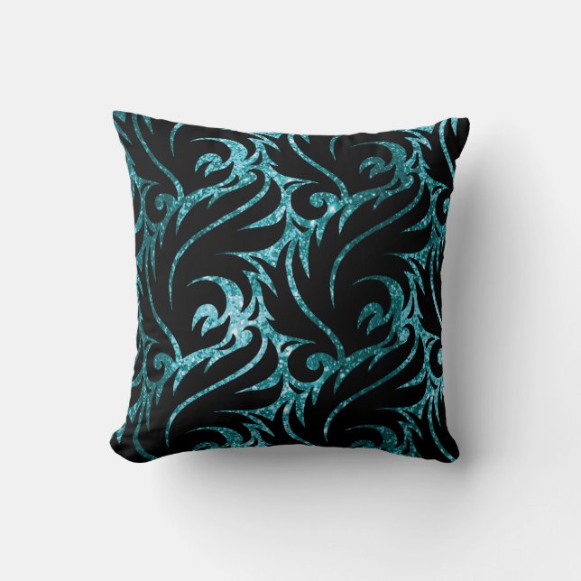 Teal Blue and Black Glitter Pattern Pillow (Front)