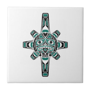 Teal Blue and Black Haida Sun Mask on White Tile