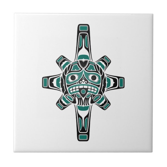 Teal Blue and Black Haida Sun Mask on White Tile (Front)