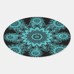Teal Blue and Black Lace Snowflake Mandala Oval Sticker