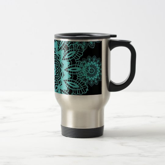 Teal Blue and Black Lace Snowflake Mandala Travel Mug