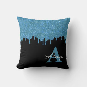 Teal Blue and Black Monogram Glitter Drips Cushion