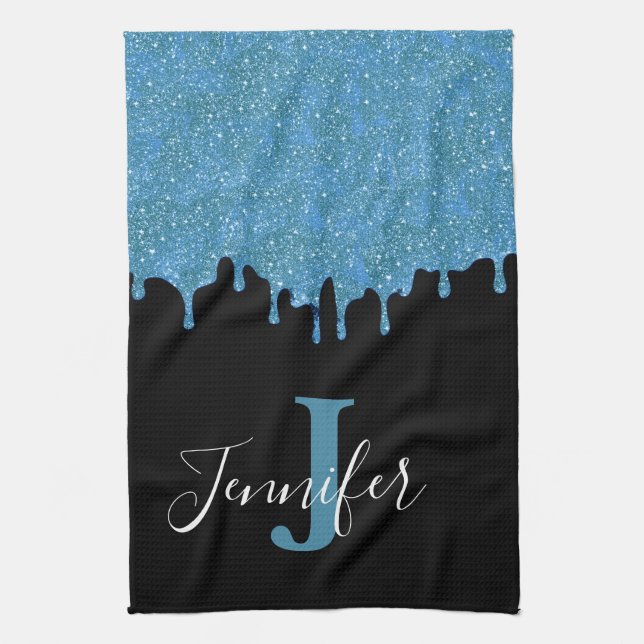 Teal Blue and Black Monogram Glitter Drips Tea Towel (Vertical)