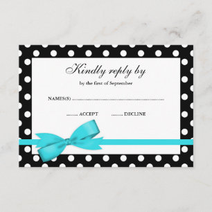 Teal Blue and Black Polka Dot Bow RSVP Card