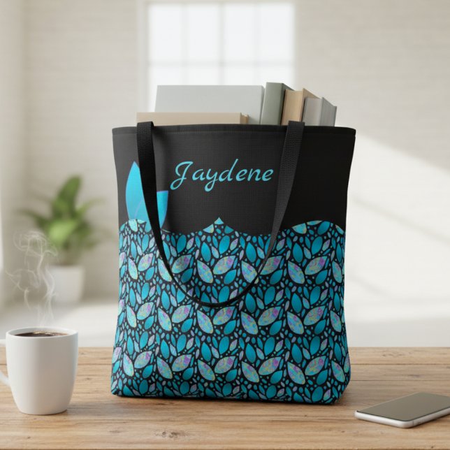 Teal Blue And Black Trendy Leaves With Name Tote Bag (Off to college? Then take this bag with you. Its personal, cute and packed with teal leaves.)