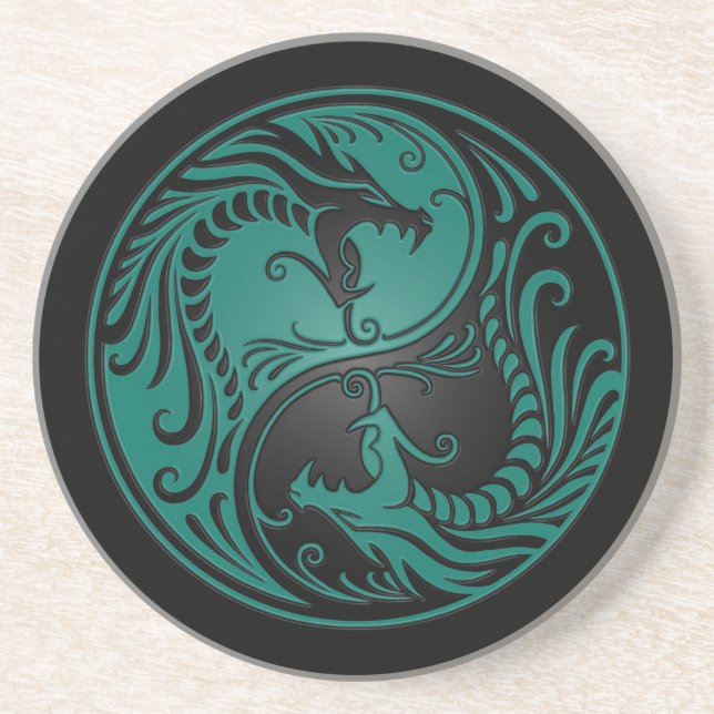Teal Blue and Black Yin Yang Dragons Coaster (Front)