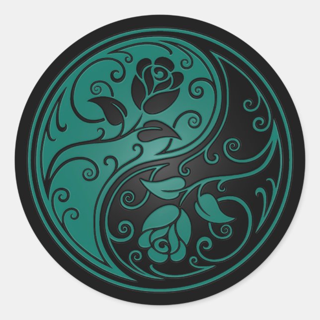 Teal Blue and Black Yin Yang Roses Classic Round Sticker (Front)