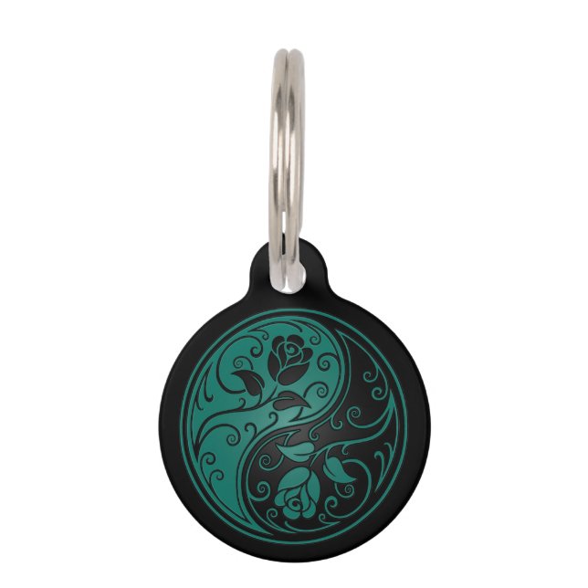 Teal Blue and Black Yin Yang Roses Pet Tag (Front)