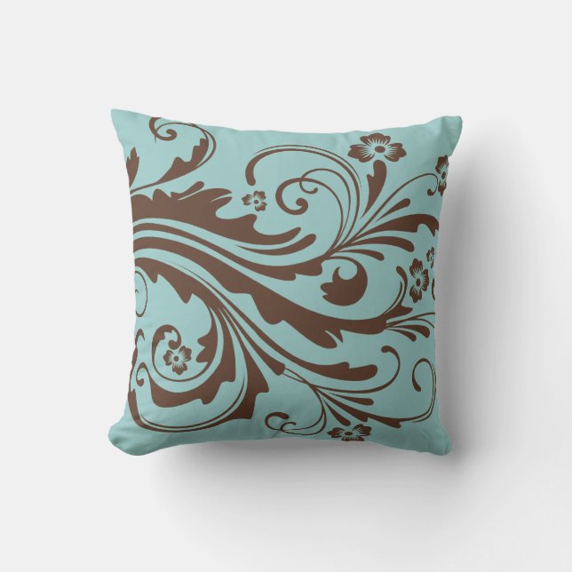 Teal Blue and Brown Country Floral Cushion (Front)