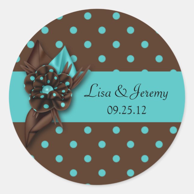 Teal Blue and Brown Polka Dot Save The Date Sti Classic Round Sticker (Front)