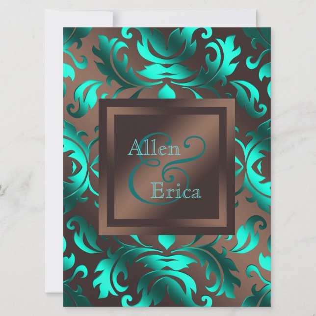 Teal Blue and Chocolate Brown Wedding Invitation (Front)