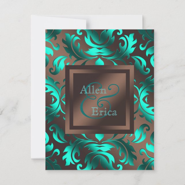 Teal Blue and Chocolate Brown Wedding Invitation (Front)