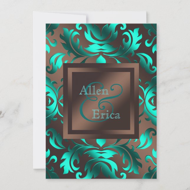 Teal Blue and Chocolate Brown Wedding Invitation (Front)