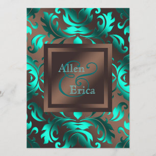 Teal Blue and Chocolate Brown Wedding Invitation