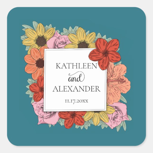 Teal Blue and Colourful Flowers Envelope Seal (Front)