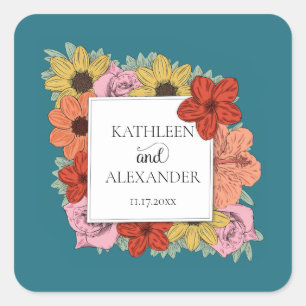 Teal Blue and Colourful Flowers Envelope Seal