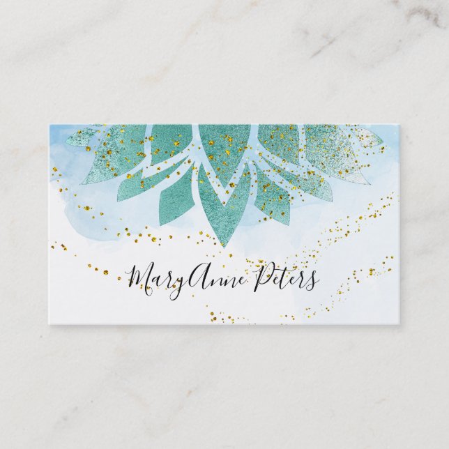 teal blue and faux glitter decor lotus business card (Front)